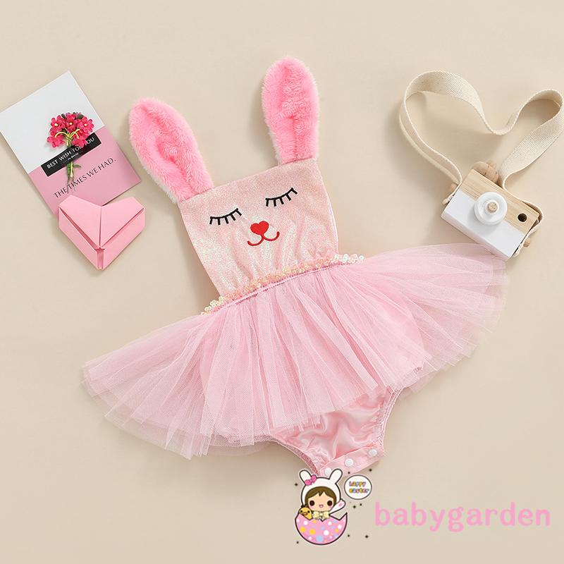 Bộ Áo Liền Quần Không Tay In Hình Thỏ Đính Kim Sa Dễ Thương Dành Cho Bé Gái 0-24 Tháng Tuổi