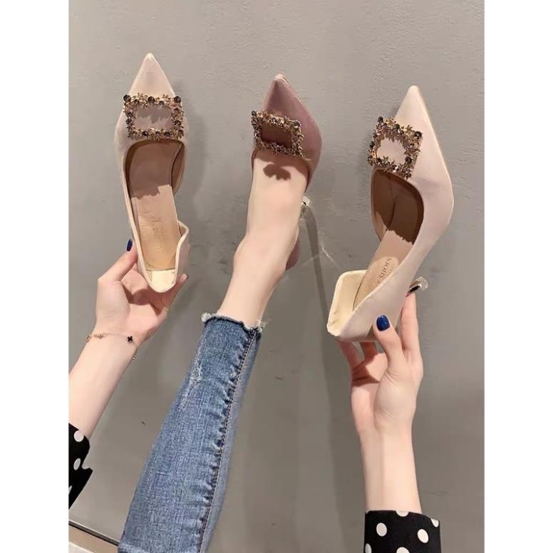 Giày cao gót 7cm mũi nhọn khoá vuông khoét eo kol