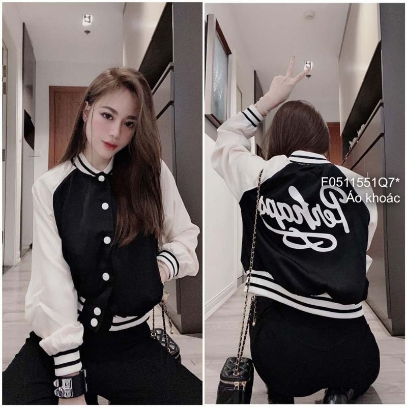 Áo khoác bomber lụa hai lớp khuy bấm phối màu lưng in chữ tay dài bo viền!Freesize dưới 57kg