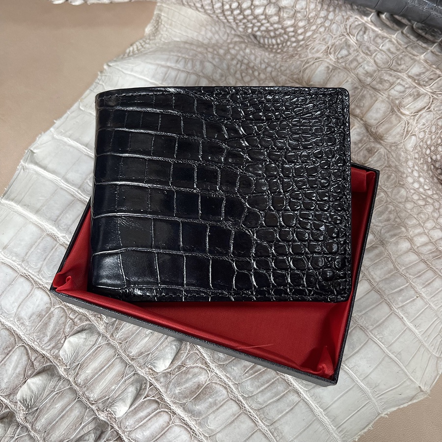 Bóp Ví Nam 2 Mặt Da Cá Sấu Thật Phần Da Bụng Trơn Màu Nâu Đen ST69 Tặng Kèm Hộp Và Móc Khóa Cá Sấu Bảo Hành Da 24 Tháng