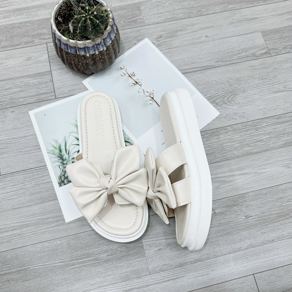 Dép nữ đế bánh mì thắt nơ quai ngang cao 3 phân da mềm siêu nhẹ hot trend HIBEE