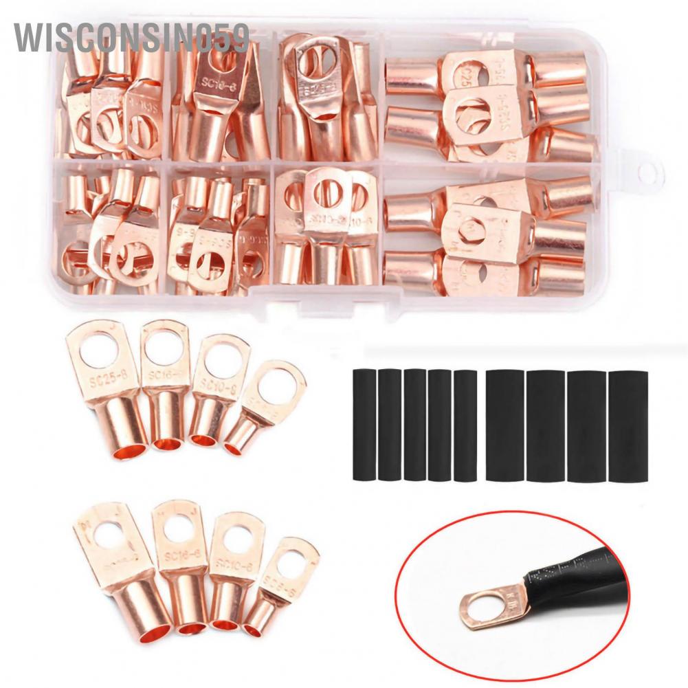 Wisconsin059 60Pcs Copper Wire Lugs Battery Cable Ring Terminals Connectors with 80Pcs Heat Shrink Tubing Assortment Kit