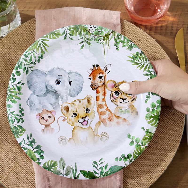 Bộ 25 Dụng Cụ Ăn Và Đĩa Giấy In Họa Tiết Động Vật Rừng Xanh Cho Em Bé