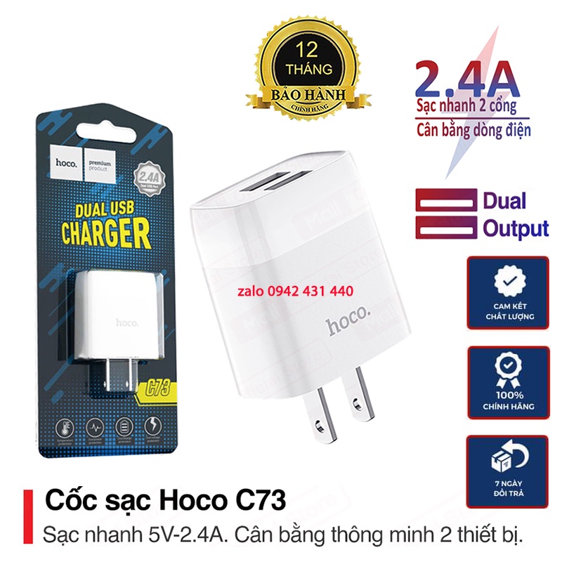 Cốc sạc nhanh / Củ sạc nhanh Hoco C73 / C73A 2 cổng output USB 2.4A bảo hành 6 tháng