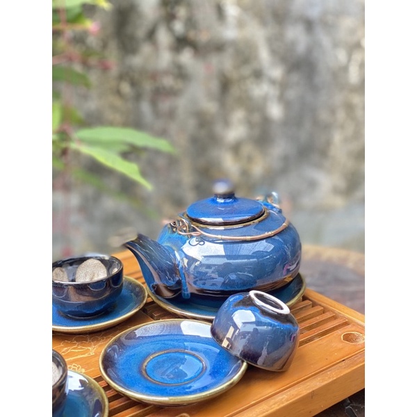 Bộ pha trà - ấm chén pha trà - Gốm sứ Bát Tràng-Ấm chén Hoả biến men xanh cô ban lòng hoa