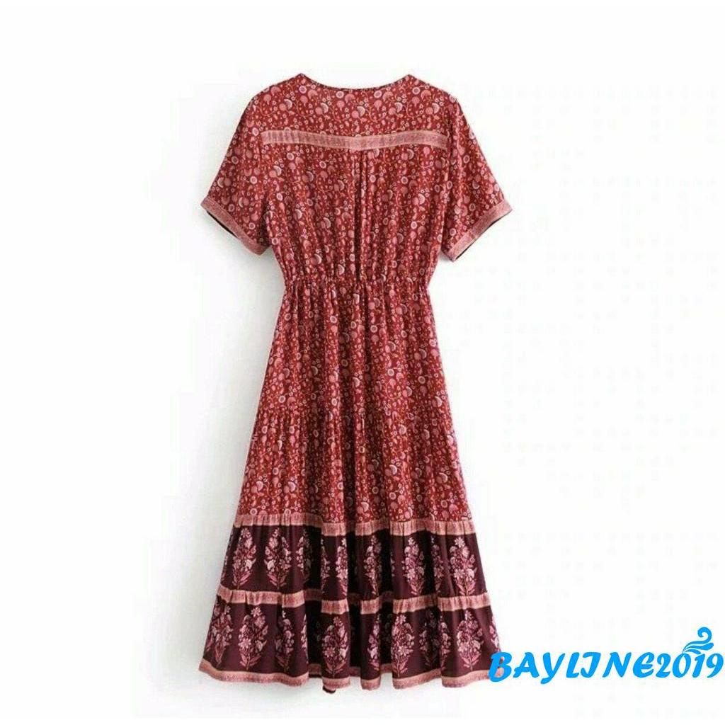 Đầm maxi dài không tay in hoa phong cách boho cho nữ