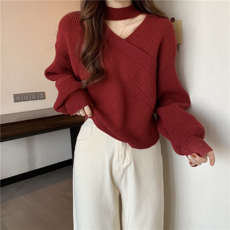 Áo sweater Dệt Kim Tay Phồng Cổ Chữ V Thời Trang Thu Đông Mới 2022