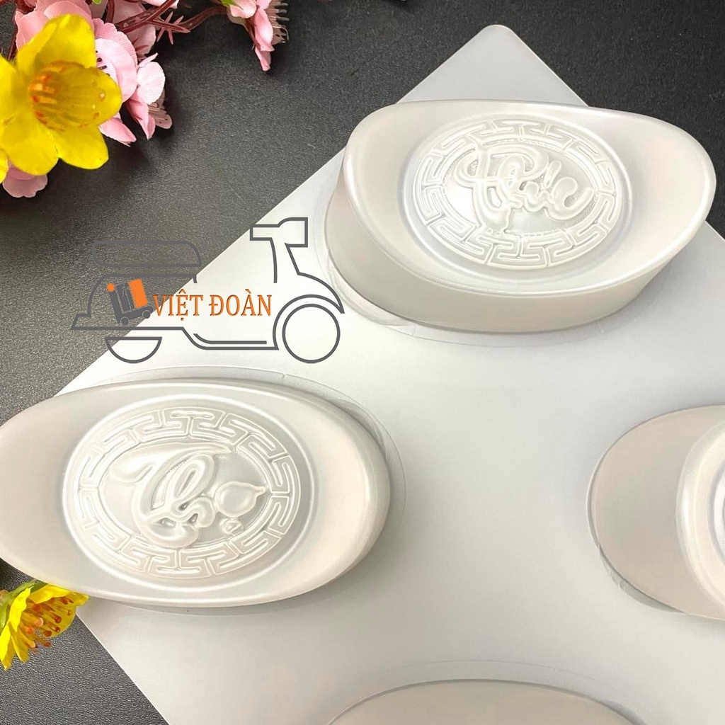 Khuôn RAU CÂU TRUNG THU, NHẤN XÔI, BÁNH DẺO, RAU CÂU 3D - THỎI VÀNG 4 hình PHÚC LỘC THỌ TÀI - nhựa đẹp, SẮC NÉT