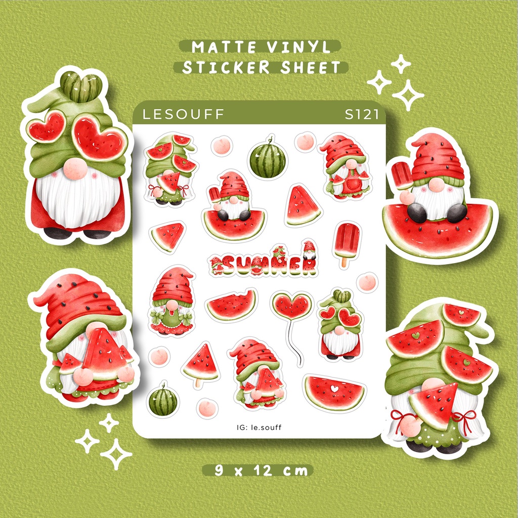 S120 S121- Sticker chú lùn dưa hấu, bullet journal, hình dán sổ tay dễ thương - Lesouff