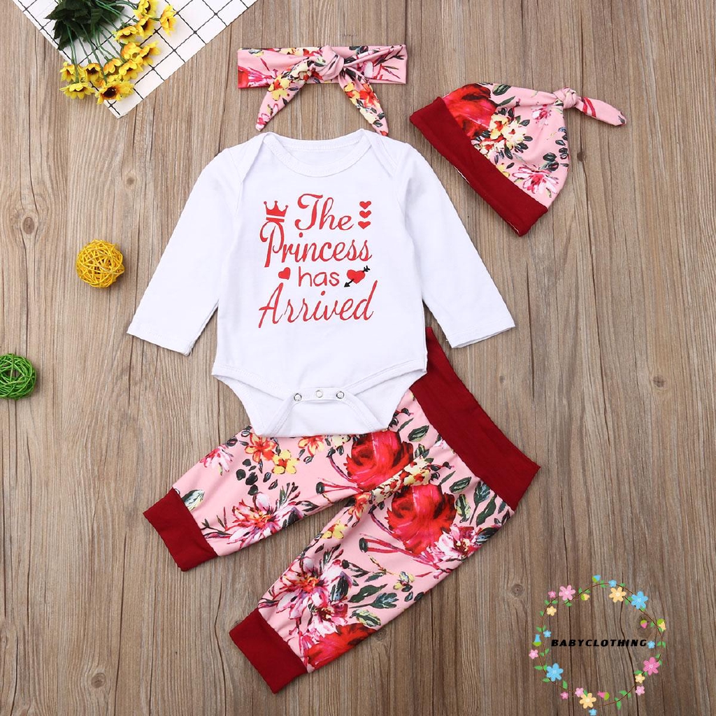 Set thời trang 4 món gồm áo+quần+nón+băng đô họa tiết chữ xinh xắn cho bé gái