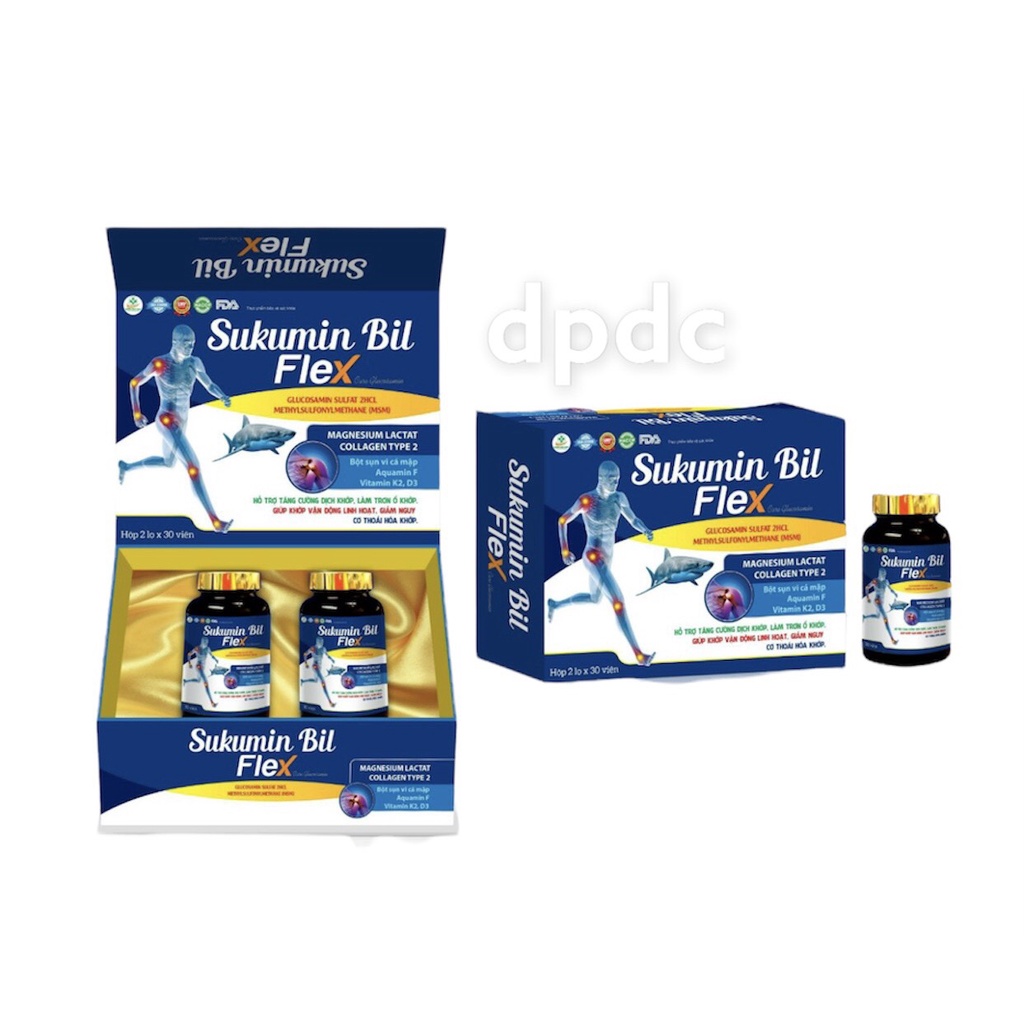 Viên Uống Sụn Vi Cá Mập Sukumin Bil Flex Glucosamin - Giảm đau nhức xương khớp, Tăng Cường Dịch Khớp - Hộp2 lọ x 30vien