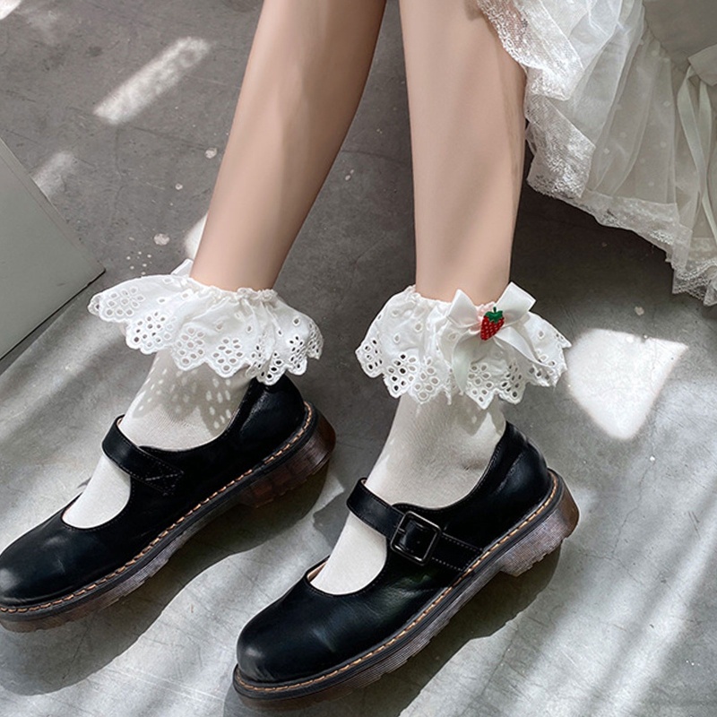 Xiangbao Vớ Ngắn Tới Mắt Cá Chân Phối Ren Đính Nơ Họa Tiết Dâu Tây Kiểu Lolita Nhật Bản Ngọt Ngào Cho Nữ