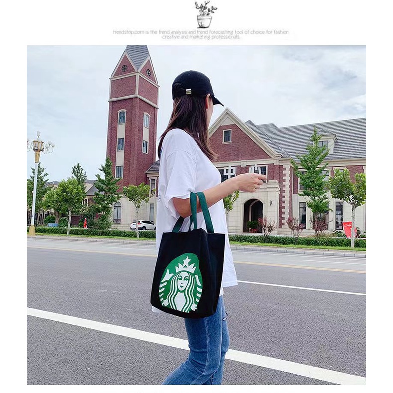 Túi tote xách tay vải canvas họa tiết Starbucks sức chứa lớn mẫu 2021 phong cách Hàn Quốc thời trang