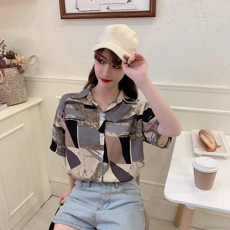 Women's Retro Shirts Printed Short Sleeve Loose Casual Shirts Tops