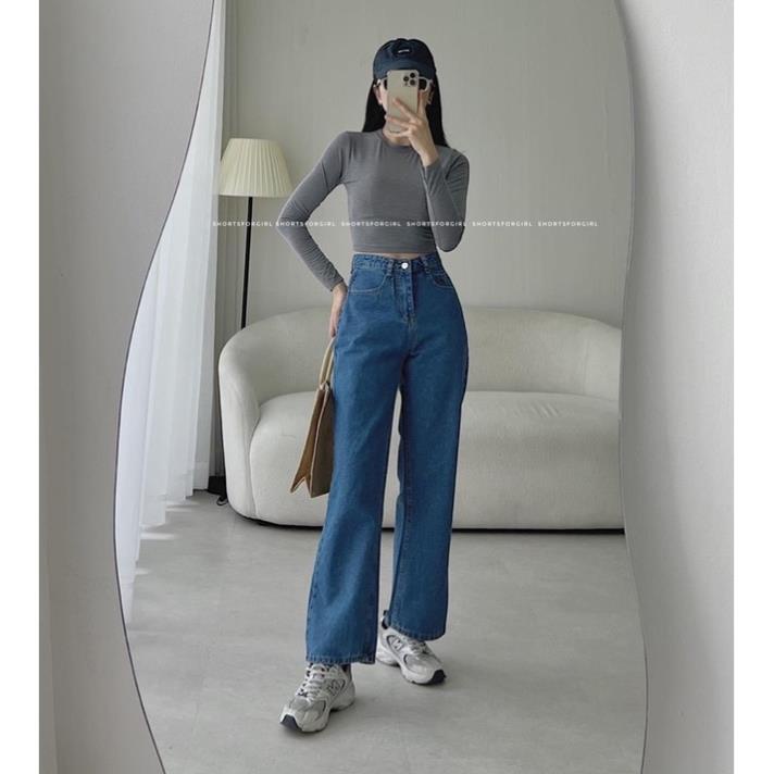 Quần Jean nữ ống suông ống rộng lưng siêu cao màu đen cạp nút YuRi Jeans (Hình Thật Shop Chụp Kèm Video)