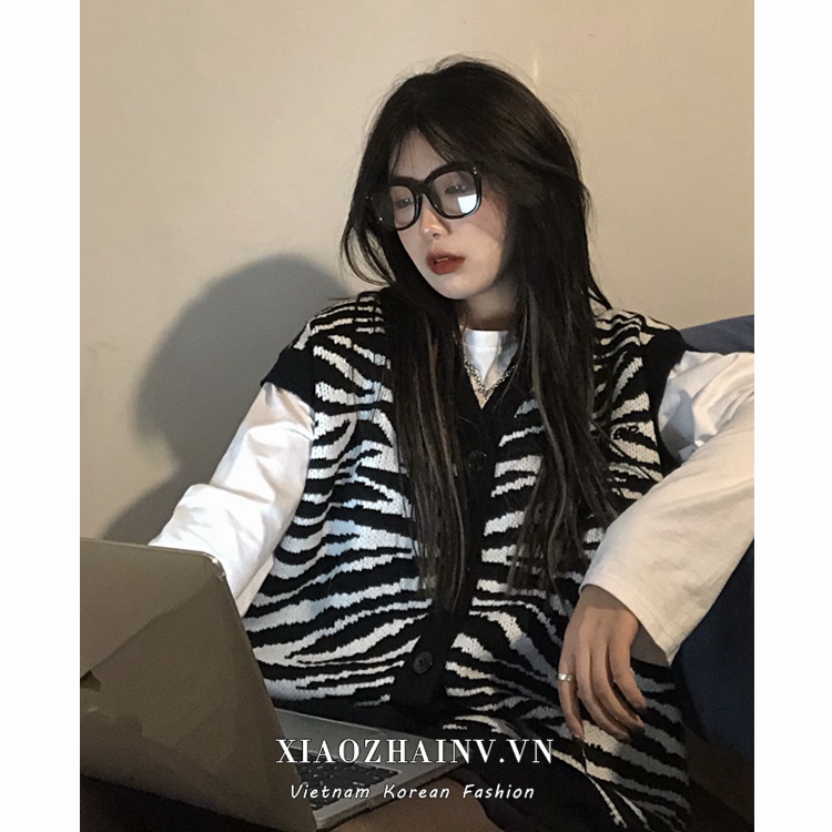 Xiaozhainv Áo Dệt Kim Không Tay Dáng Rộng Họa Tiết Sọc Ngựa Vằn Kiểu Hàn Quốc Thời Trang Cho Nữ