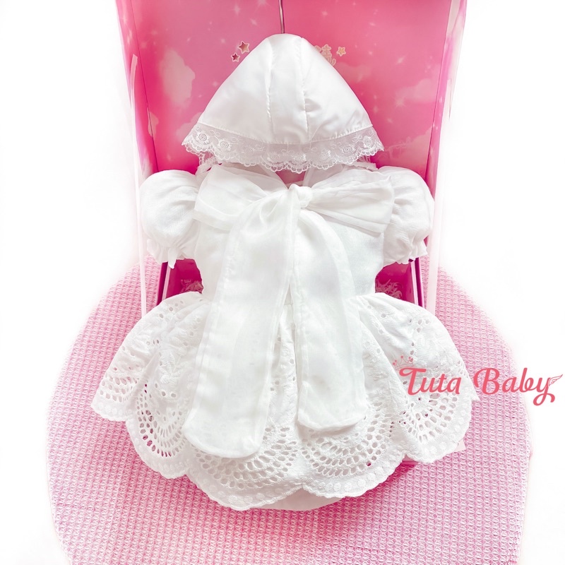 Bodysuit Cho Bé Gái Thô Boil Trắng Chân Ren Cổ Nơ Tiểu Thư, Kèm Mũ Cho Bé Đi Chơi, Đi Tiệc, Thôi Nôi, Đầy Tháng