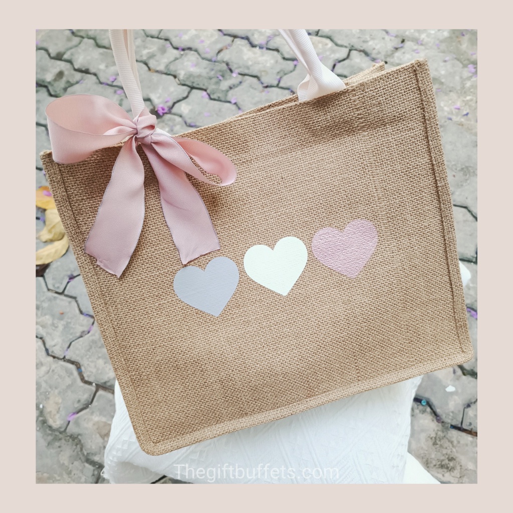 ❤️Túi Sợi Đay 3 Trái Tim Màu Pastel kèm Nơ