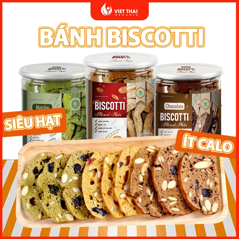 Bánh Biscotti ăn kiêng, giảm cân heathly 100% nguyên cám, mix 3 vị siêu hạt ăn sáng dinh dưỡng Việt Thái Organic