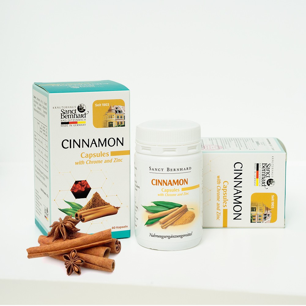 Viên uống Cinnamon Capsules hỗ trợ điều trị tiểu đường, chuyển hóa Glucose - Chính hãng Sanct Bernhard - Đức 60 viên