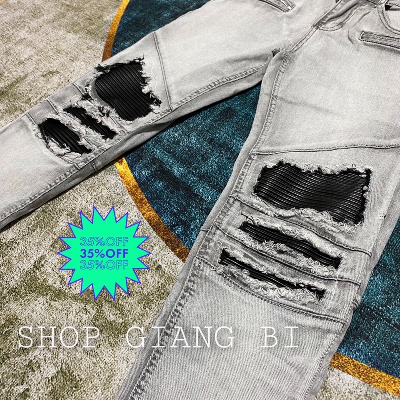 Quần jean bạc vá da nhăn phối khoá zip,quần bò màu bạc vá da nhăn phối khoá