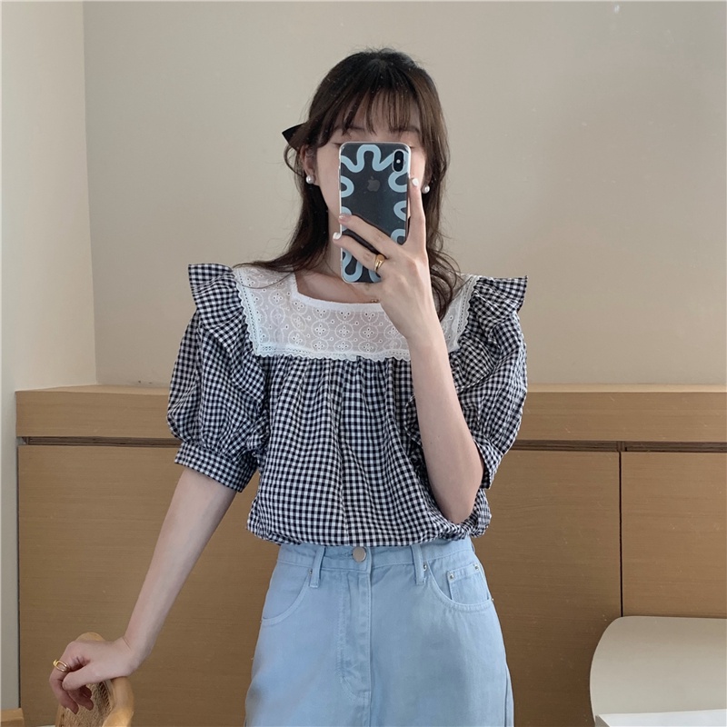 Áo Sơ Mi Tay Ngắn Cổ Vuông Họa Tiết Sọc Caro Phong Cách Retro Cho Nữ