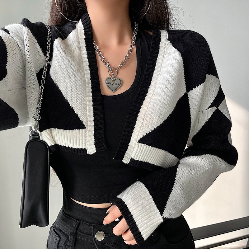 ihkke Áo khoác cardigan dệt kim tay dài dáng rộng màu sắc retro