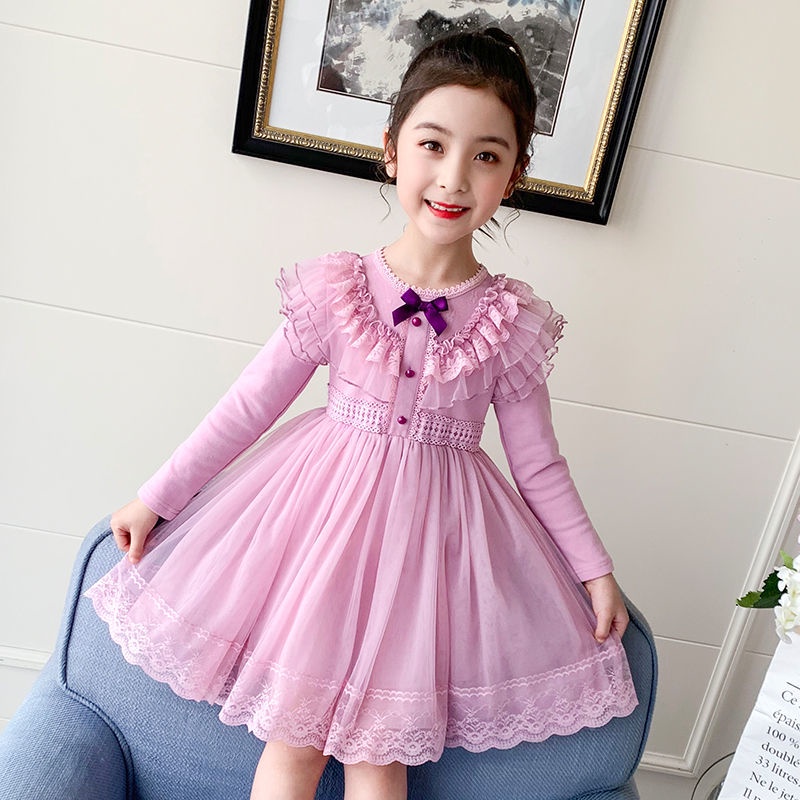 Đầm Phối Lưới Thời Trang Thu Đông Cho Bé Gái 3-14 Tuổi