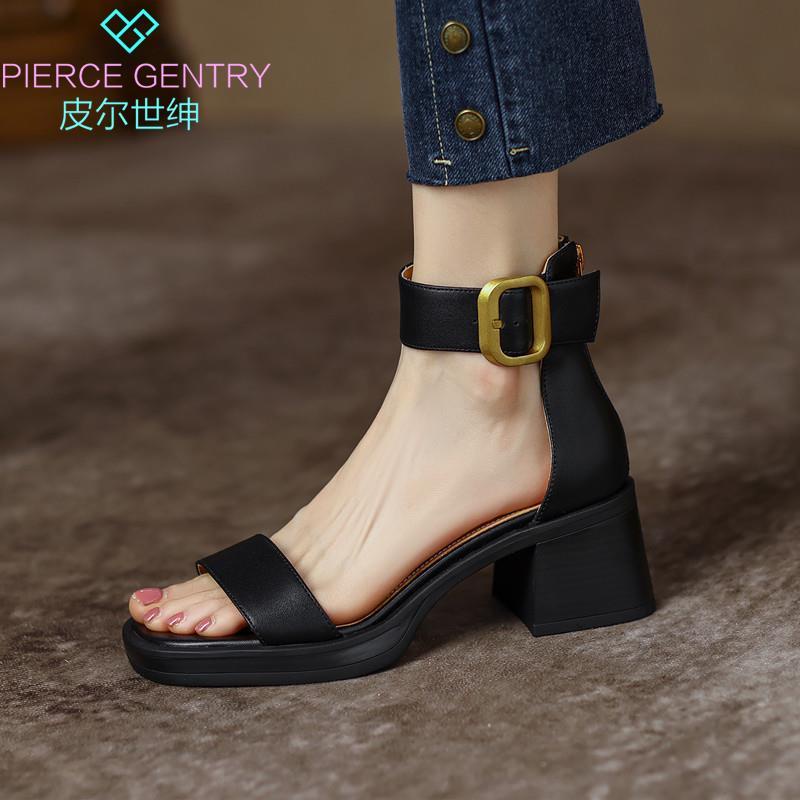 Giày Sandal Bằng Da Thật Cao Gót Hở Ngón Phong Cách Retro Mùa Hè 2022