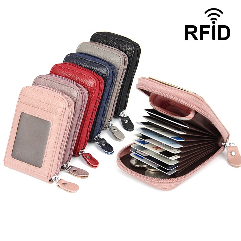 JIUFENG Chủ thẻ bằng da RFID Chặn Mini Zipper Ví tiền xu Unisex
