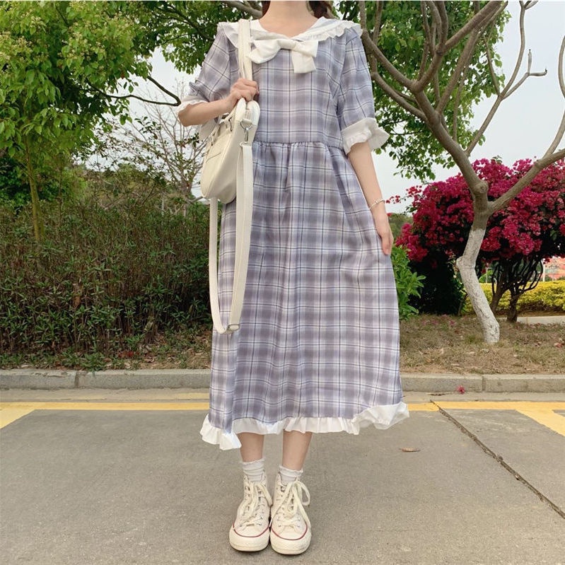 Đầm Midi Tay Ngắn Dáng Rộng Cổ Thủy Thủ Phong Cách Hàn Quốc Thời Trang Mùa Hè Xinh Xắn Cho Nữ
