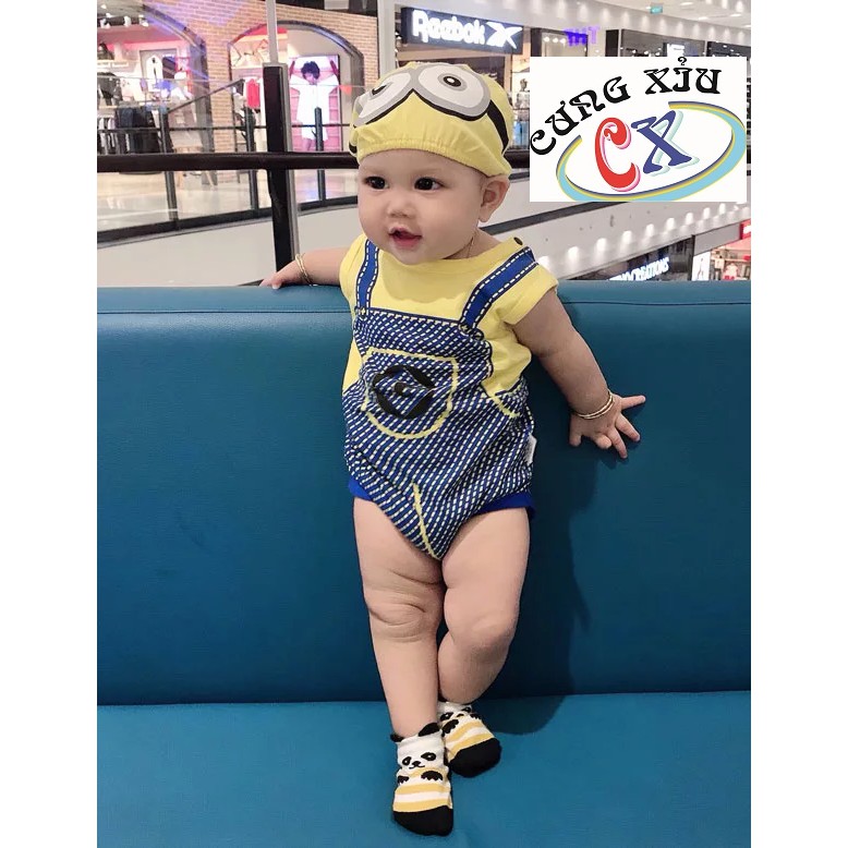 Quần áo bodysuit cho bé hình Minion cotton không tay nón rời