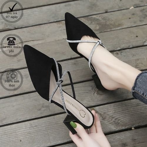 Sục nữ cao gót, giày sục đế vuông phối dây đính hạt xoàn thẳt kiểu - MÃ C05