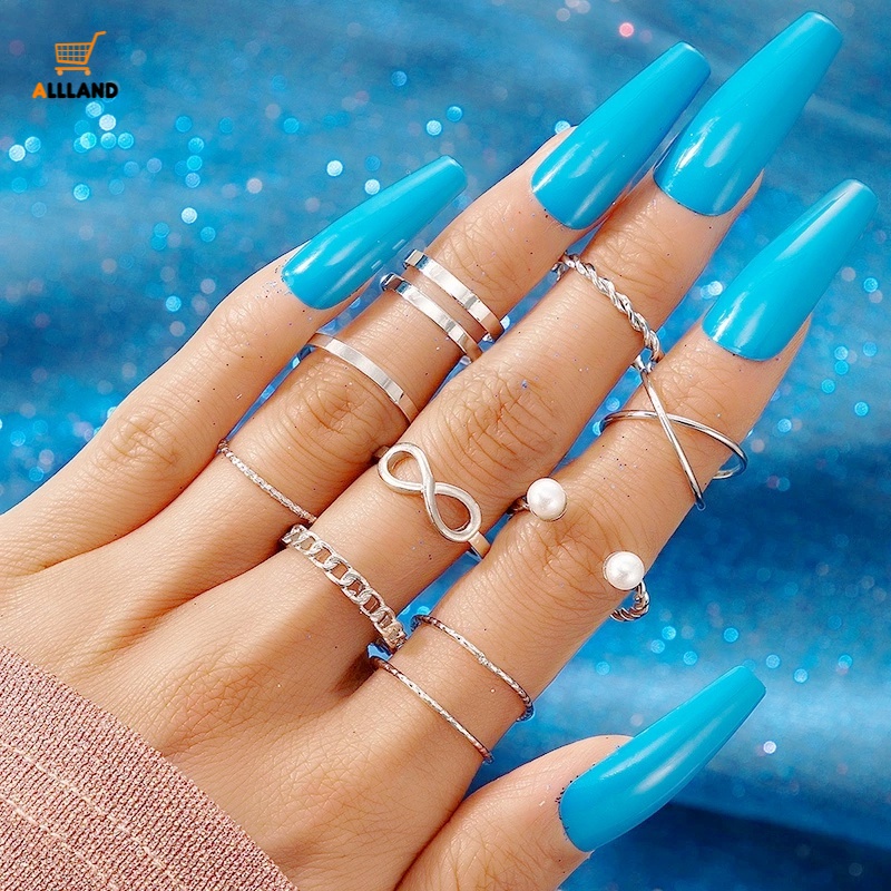 Set 10 Nhẫn Đeo Đốt Ngón Tay Đính Ngọc Trai Giả Phong Cách Âu Mỹ