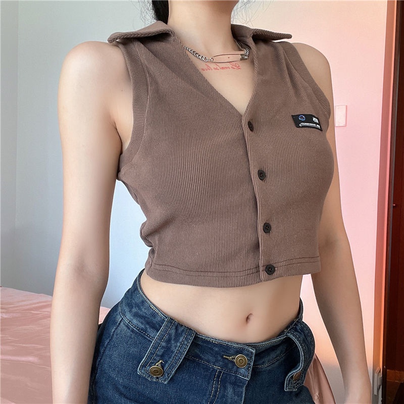 COZOK Áo Tank Top Sát Nách Cổ POLO Phối Nút Form Ôm Phong Cách Hàn Quốc