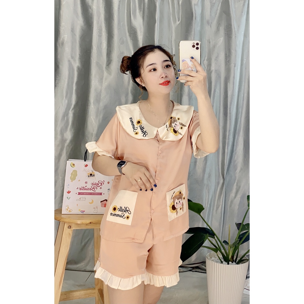 Đồ bộ pyjama đùi satin😻[ FREESHIP ]cao cấp,in phối chữ cổ áo,chất liệu vải mền mịn,mặc thoáng mát🍀 size 48kg-- 56kg