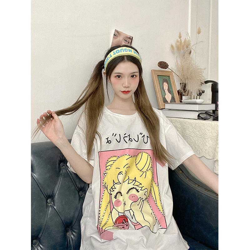 Sailor Moon Áo Thun Ngắn Tay In Hình Thủy Thủ Mặt Trăng Xinh Xắn Cho Nữ
