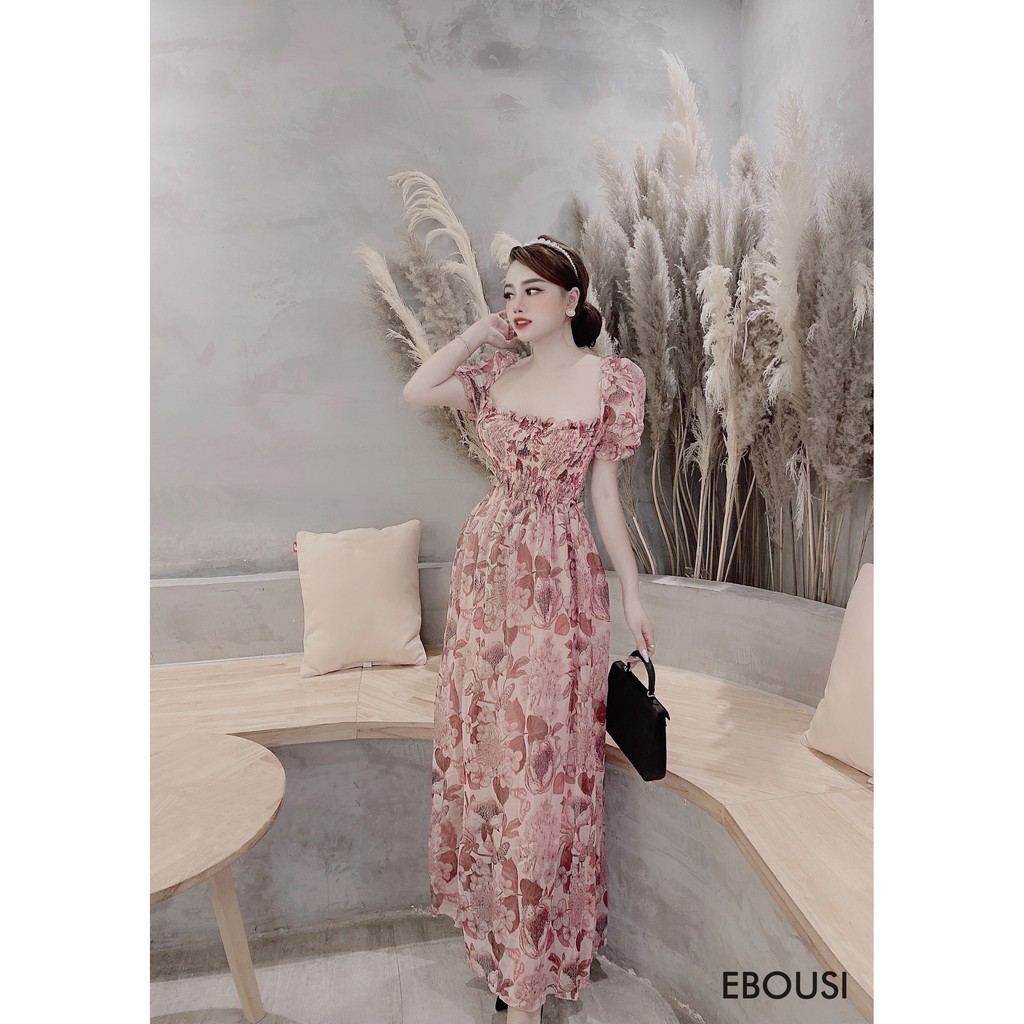 Đầm Maxi Hoa Cổ Vuông, Tay Ngắn Phồng, Nhún Ngực Chun Eo Ren Bèo, Dán suông (ECH012) - Vải Voan - 3 Màu Xanh, Hồng, Nude | BigBuy360 - bigbuy360.vn