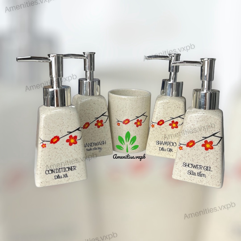 Bình gốm sứ Dáng thang hoa đào vân cát đựng sữa tắm, dầu gội, nước rửa tay, cốc đánh răng,....