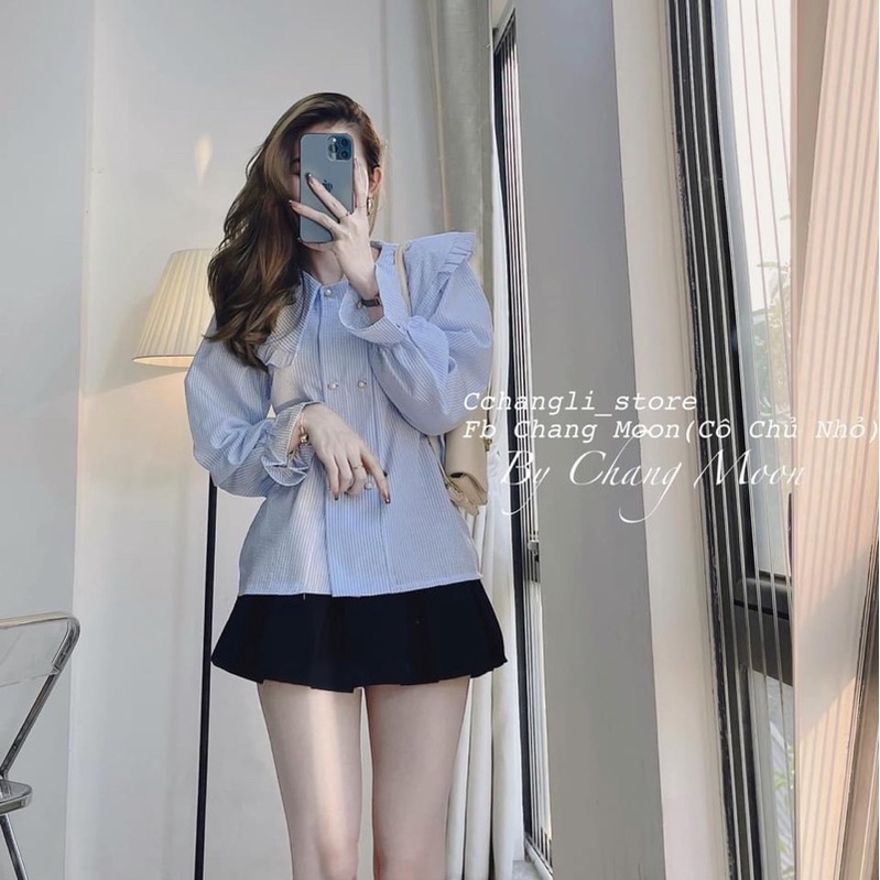 Áo sơ mi dài tay cổ bèo ngang tay cách điệu 2 hàng cúc SM222