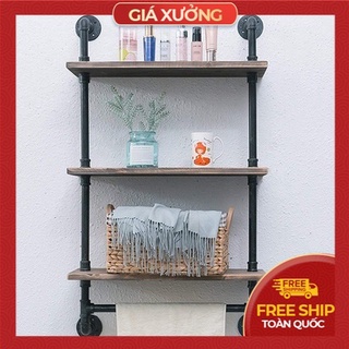 Kệ ống nước, Kệ gắn tường gỗ 3 tầng chất liệu ống sắt phong cách vintage