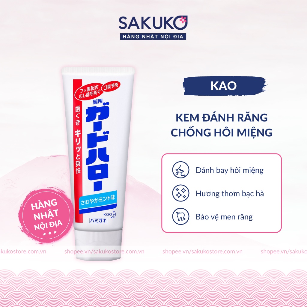 Kem đánh răng chống hôi miệng Kao, kem đánh răng khử mùi hôi hương bạc hà nhẹ tuýp 165g hàng nhật nội địa Sakuko