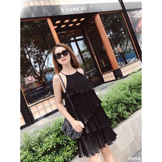 [ Hình thật ] D954 Đầm dập ly cổ yếm tầng