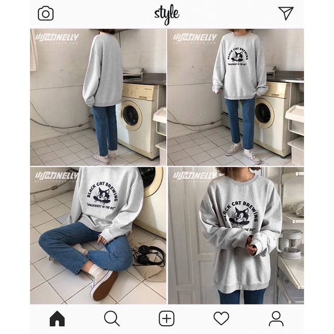 Áo sweater nelly heybig nỉ lót lông sale (có sẵn) Black cat | BigBuy360 - bigbuy360.vn