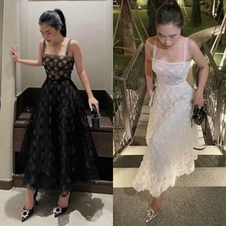 Đầm ren hoa nổi 2 dây trắng đen, váy dài sang trọng dễ thương, thời trang tiểu thư công chúa đi chơi dự tiệc sinh nhật