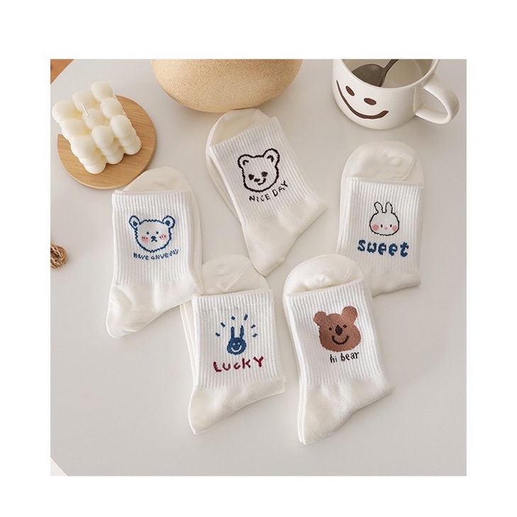 Set tất cổ cao hình gấu siêu cute, Tất trắng cổ cao đáng yêu kèm chữ và hoạ tiết hình gấu