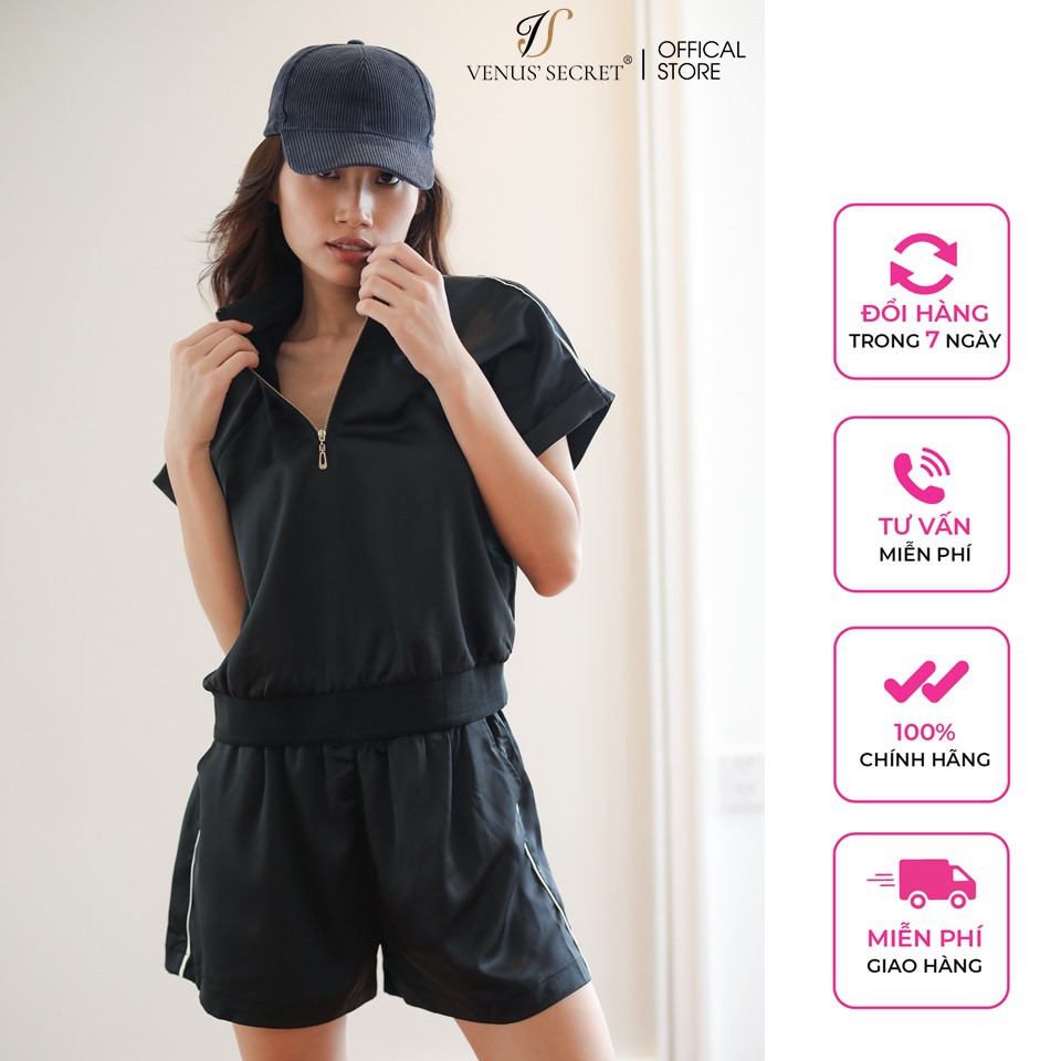 Bộ thể thao nữ áo phông khóa và quần short lụa tằm trơn VenusSecret