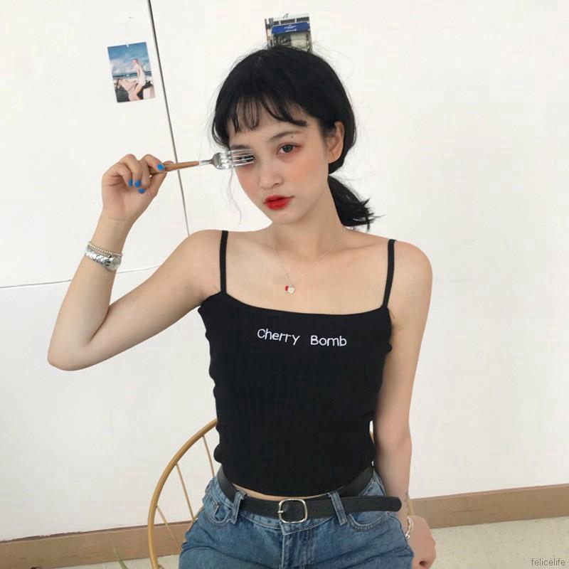 Áo 2 dây cổ vuông màu trơn gợi cảm cá tính thêu chữ Cherry Bomb dành cho bạn nữ