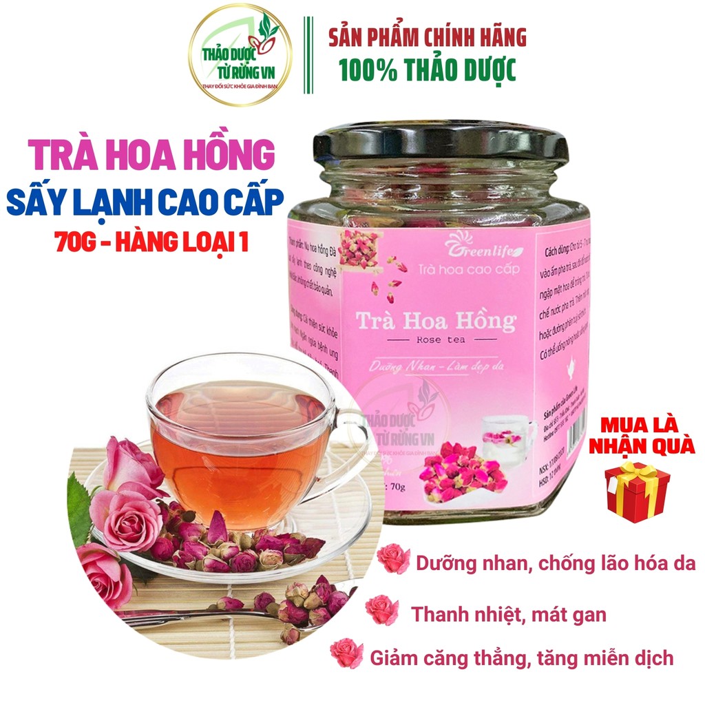 Trà Hoa Hồng Loại Cao Cấp GREELIFE Hàng Xuất Khẩu, Nụ Hoa Hồng Khô Sấy Lạnh, Nguyên Màu Sắc, Mùi Vị, Bình Thủy Tinh  70G