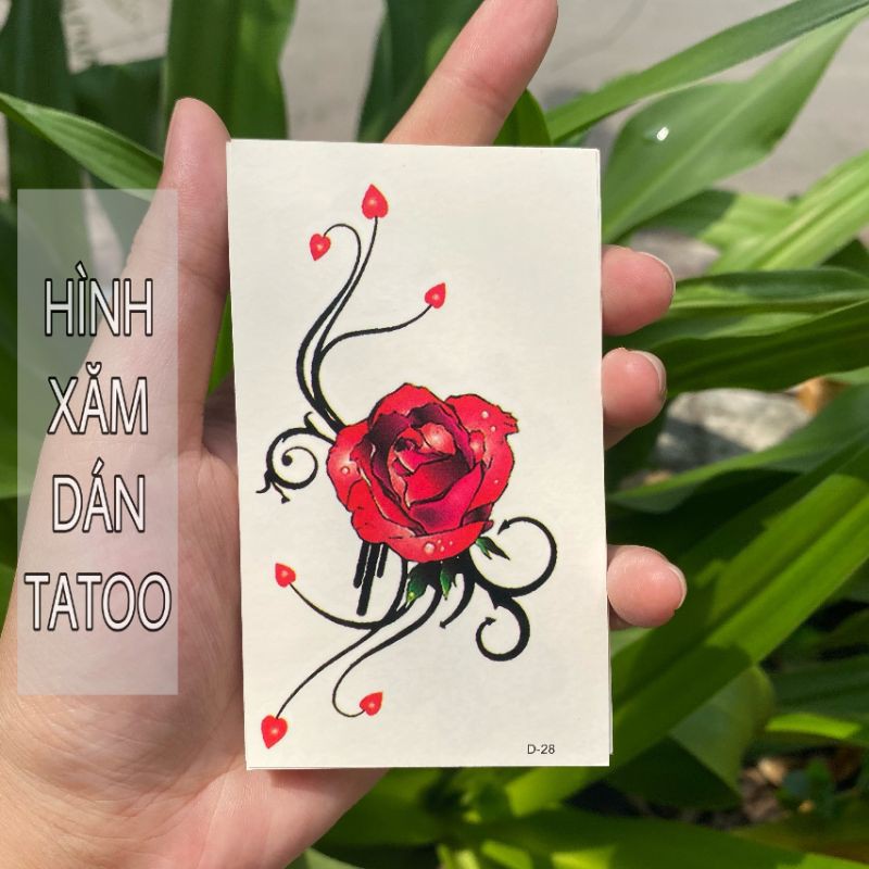 Hình xăm hoa hồng đỏ rực rỡ d26. Tatoo dán size 10x6cm